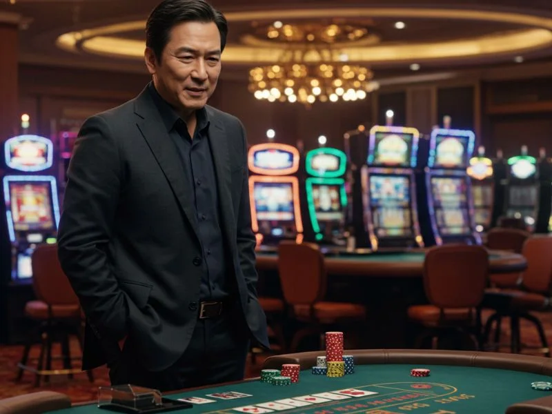 Confident man in black suit playing at a casino table