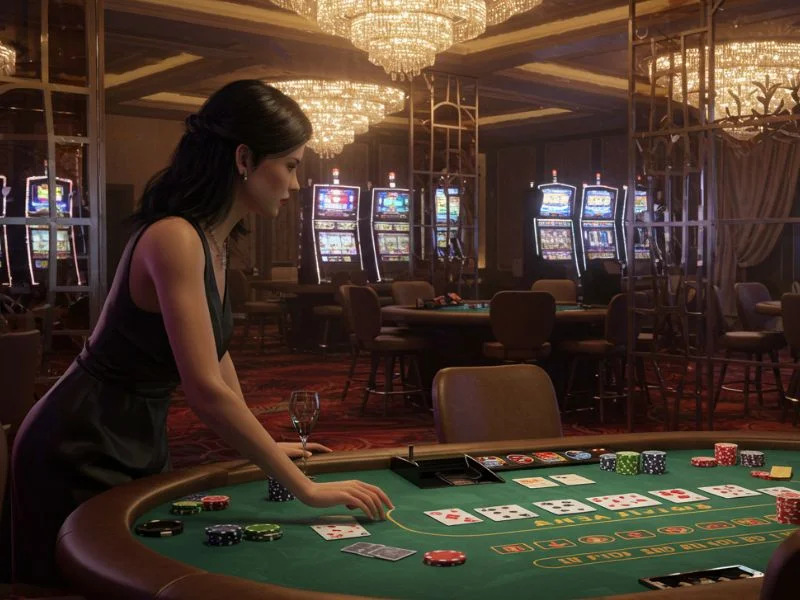 Woman focused on card game at casino table