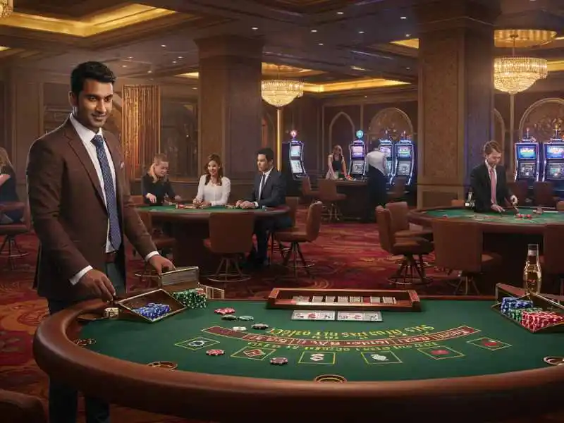 Professional blackjack dealer at a luxury casino with players and slot machines at MWPlay888 Casino