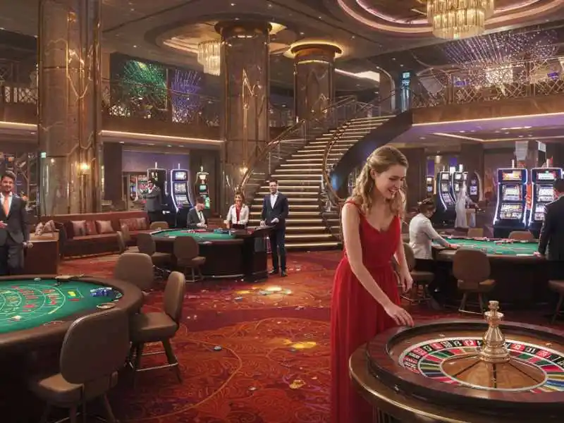 Woman in red dress playing roulette in a luxury casino setting at MWPlay888 Casino