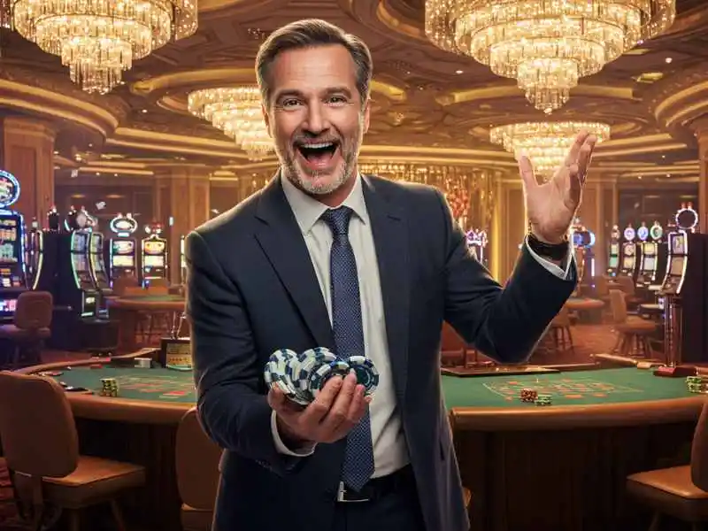 Happy man in suit holding casino chips after mwplay888 online casino log in success
