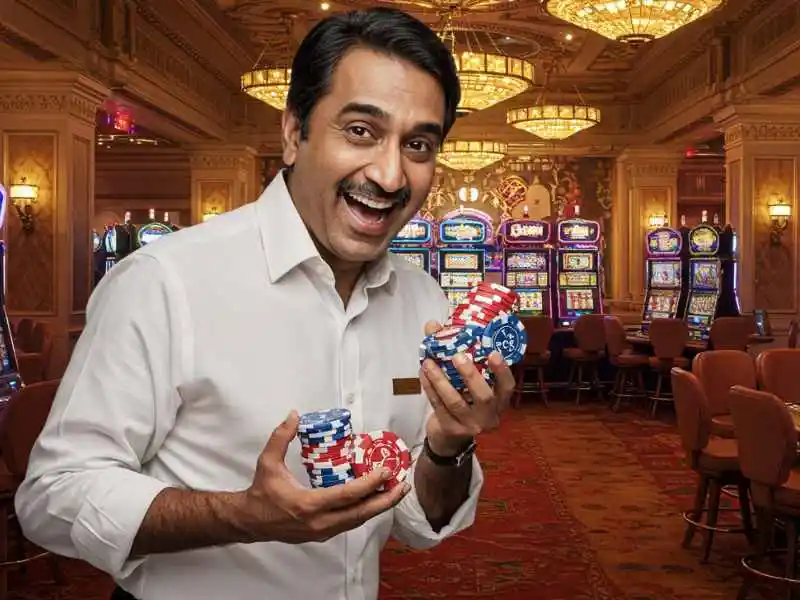 Smiling man holding poker chips after mwplay888 online casino log in win