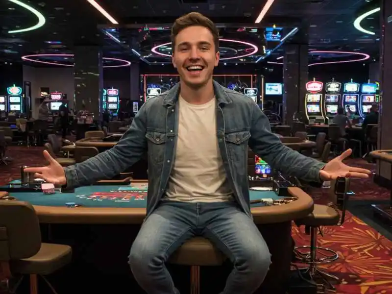 Smiling man celebrating at a casino poker table with slot machines in the background