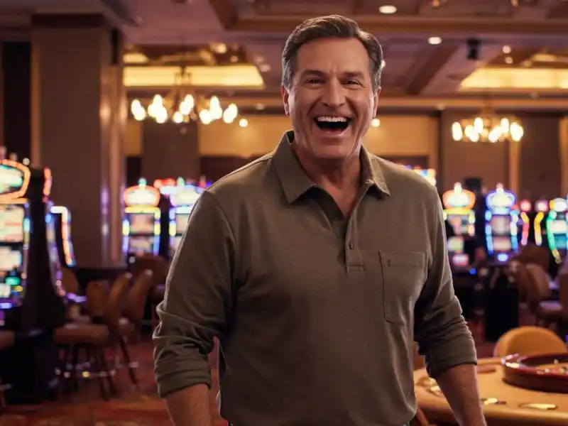 Laughing man in casual wear standing inside mwplay888.com casino with slot machines in the background.