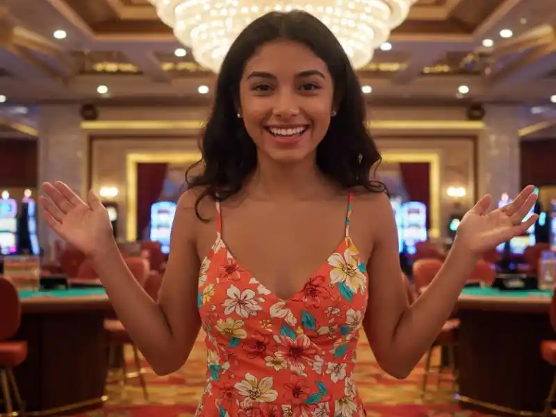 Smiling woman in a floral dress enjoying the casino floor at mwplay888.net.