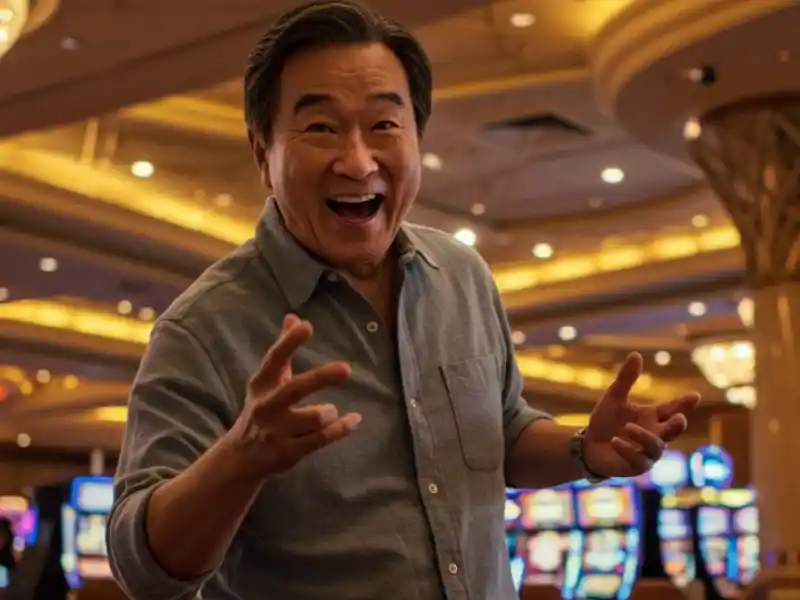 Joyful man gesturing excitedly inside the casino at mwplay888.net with slot machines in the background.