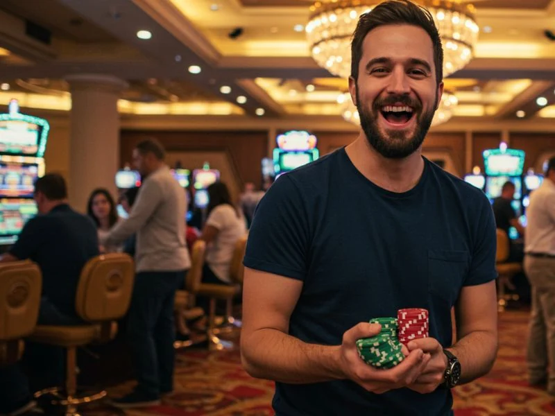 Smiling man in a casino holding stacks of poker chips, celebrating a lucky win with escala gaming 8 com login password.