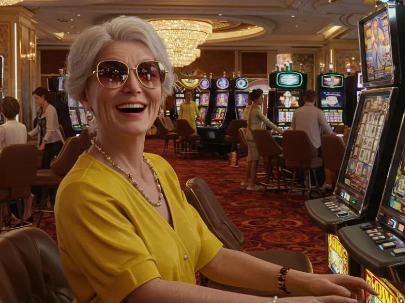 Stylish elderly woman in sunglasses enjoying slot machines in a luxurious casino, reflecting the vibrant spirit of PH Cash Casino.