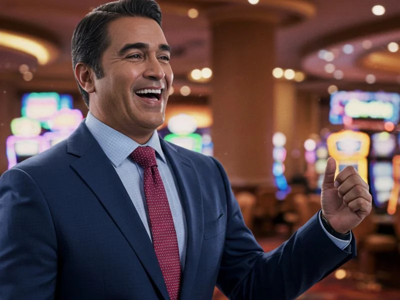 Smiling man in a blue suit giving a thumbs-up inside a vibrant casino, showcasing winning confidence at PH Cash Casino.
