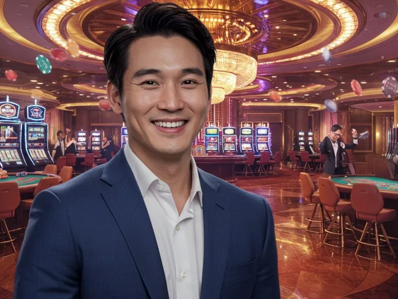 Confident man in a blue suit smiling inside a vibrant casino, showcasing the winning vibe of escala gaming 8 com login password.
