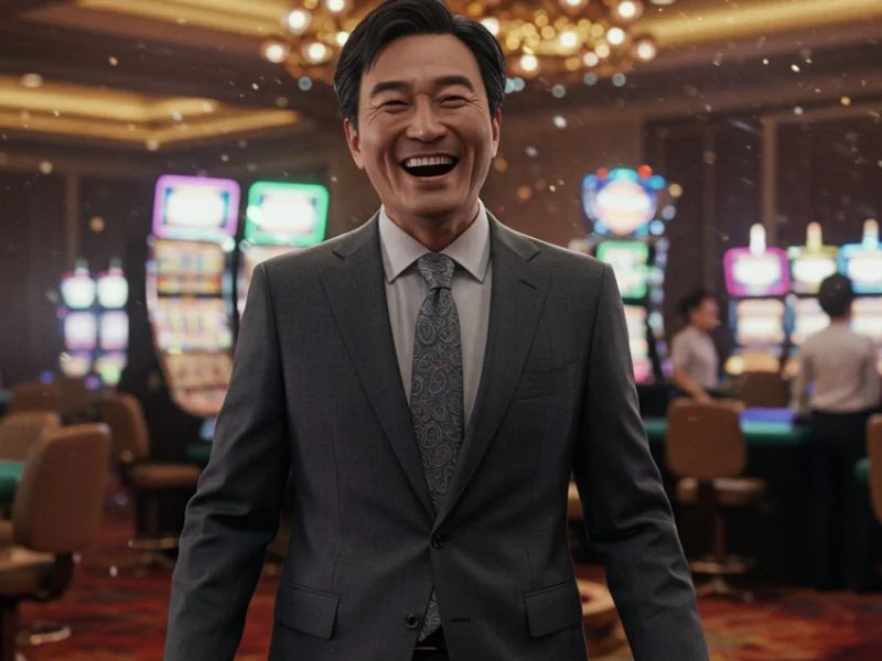 Joyful man in a gray suit smiling inside a lively casino, representing the rewarding experience at PH Cash Casino.