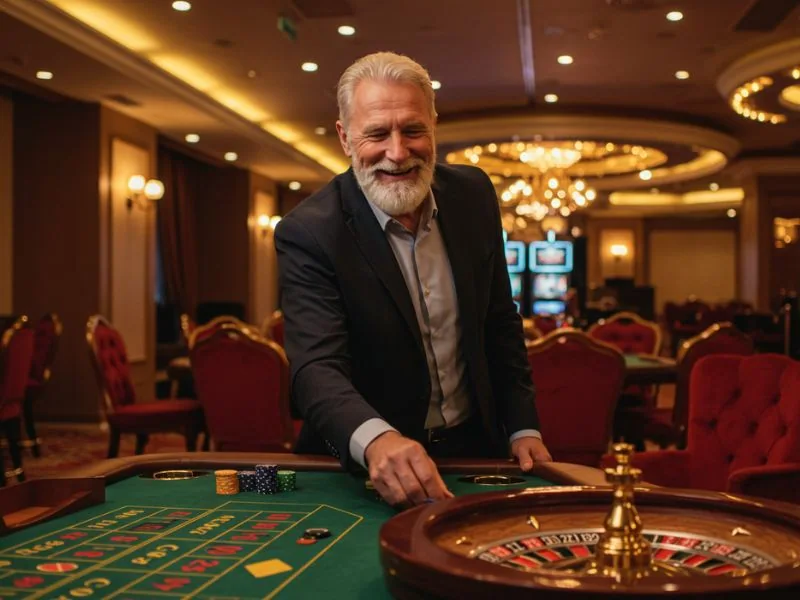 Old man placing a bet at a roulette table, representing pinoy players enjoying casino games.