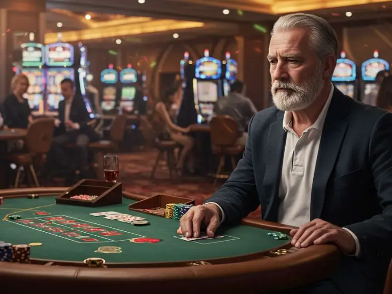 Older man confidently playing at a high-stakes table