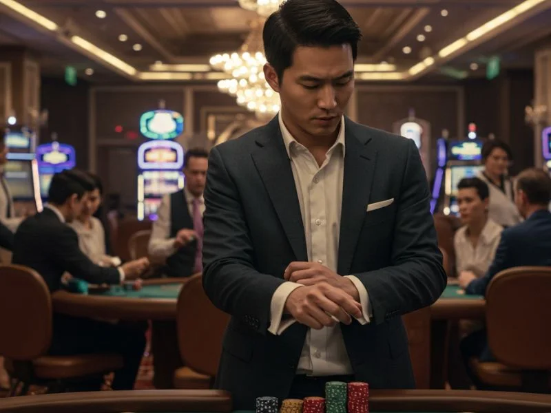 Man in suit preparing to bet at casino table