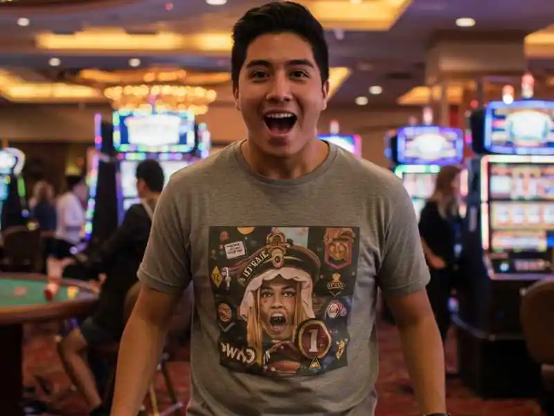 Excited young man in graphic tee celebrating inside a casino with Sugar Bang Bang slot machines in the background.