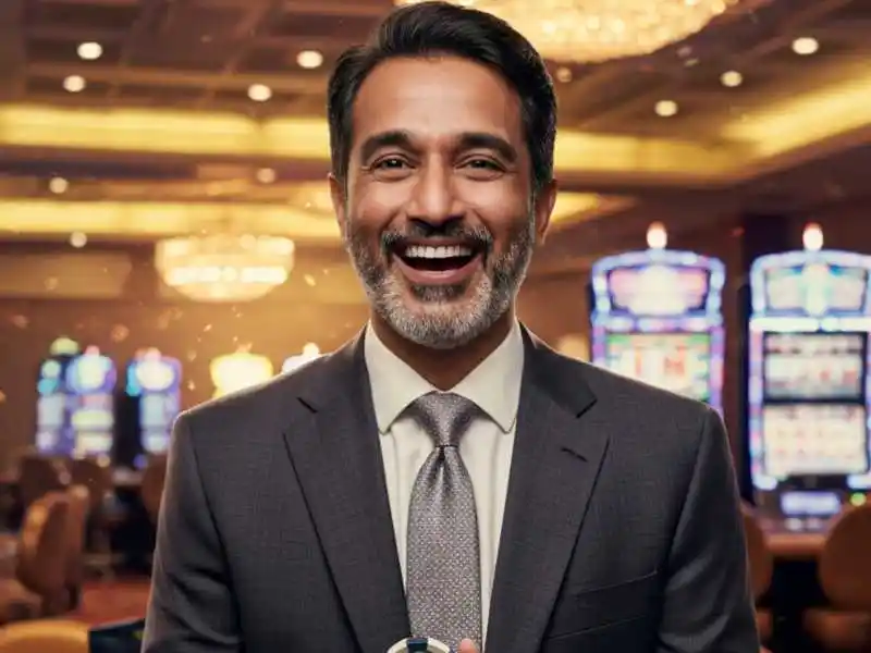 Confident man in a suit smiling in front of Sugar Bang Bang slot machines inside a glamorous casino.