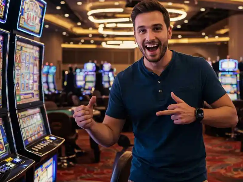 Excited man pointing at Sugar Bang Bang slot machine inside a modern casino.
