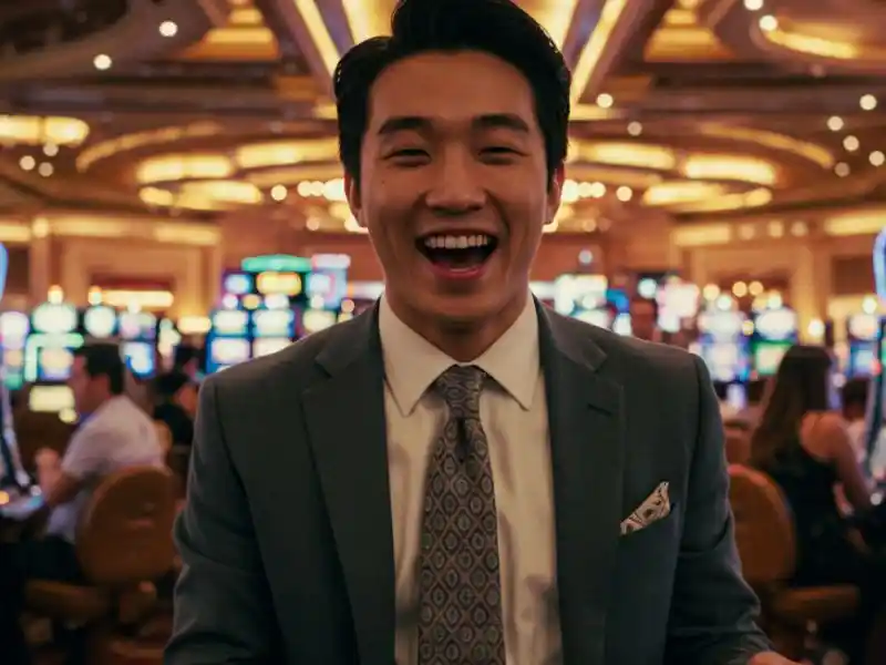 Smiling man in a suit enjoying the casino floor after tmt play casino login.