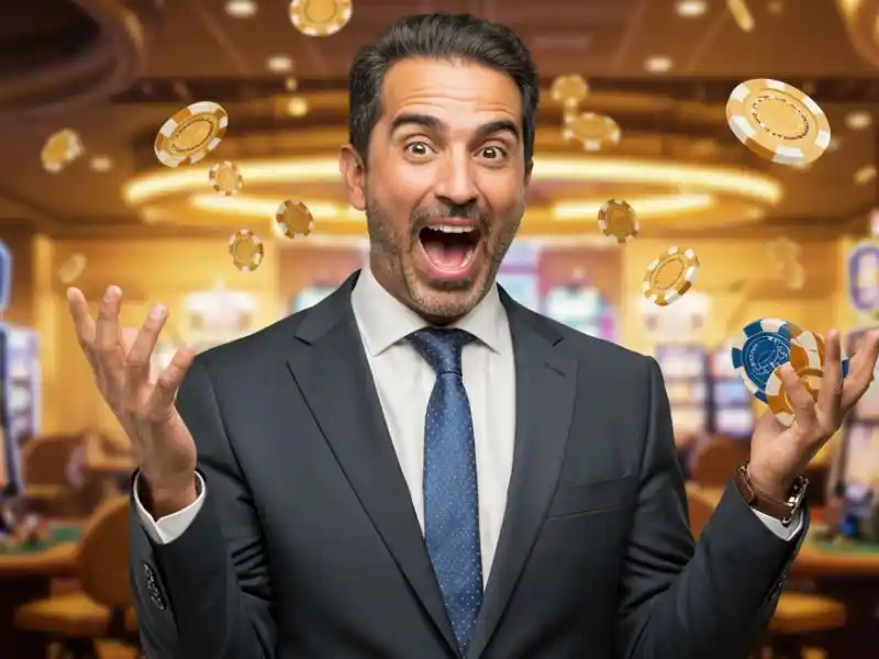Excited man in a suit reacting to a big win with casino chips flying after tmt play casino login.