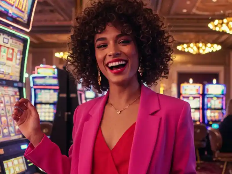 Stylish woman smiling while playing slots after tmt play casino login.