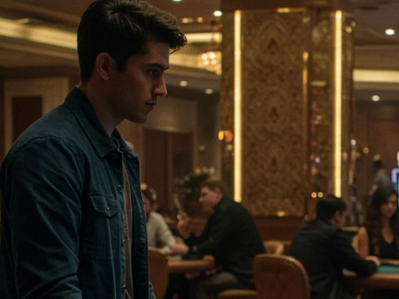 Man in denim jacket focused on card game at table