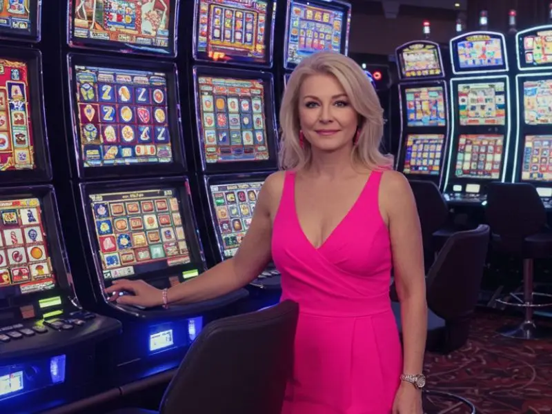 Woman in pink enjoying slot games at casino