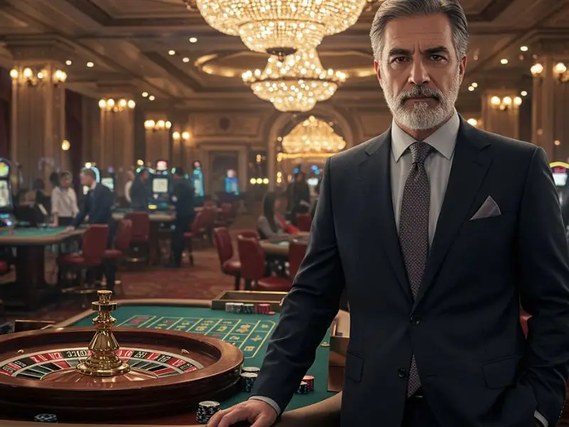 Well-dressed man standing confidently near roulette table