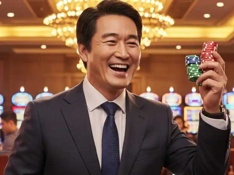 Smiling man in a suit holding poker chips at TMTPlay Casino Online Gaming with slot machines behind him