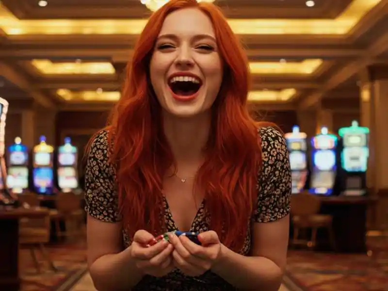 Joyful woman holding poker chips at TMTPlay Casino Online Gaming with slot machines in the background