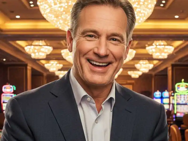 Smiling older man in a suit inside a luxurious casino with chandeliers and slot machines at TMTPlay Casino Online Gaming