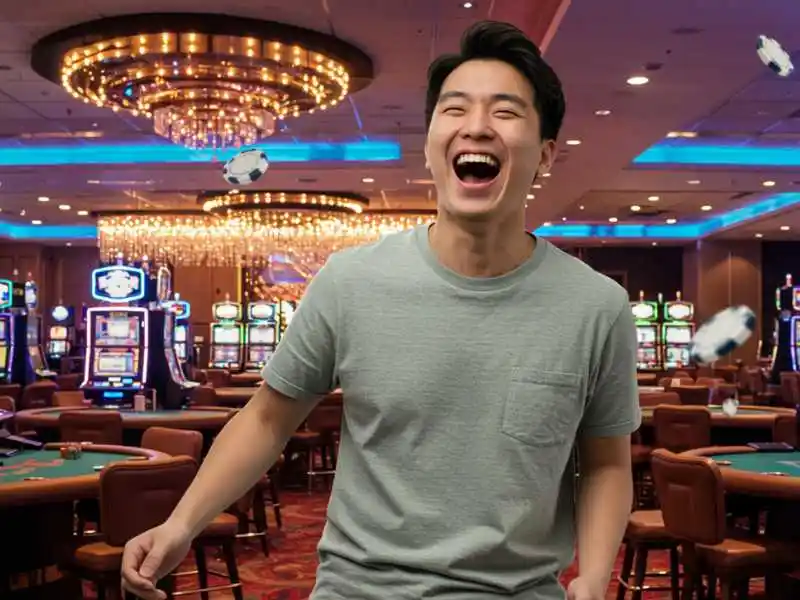 Laughing man enjoying his time inside TMTPlay Casino Online with slot machines and chips in the background.