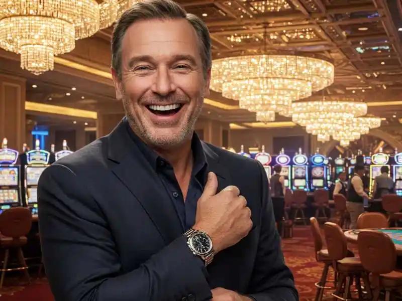 Confident man in a suit smiling inside TMTPlay Casino Online with slot machines in the background.