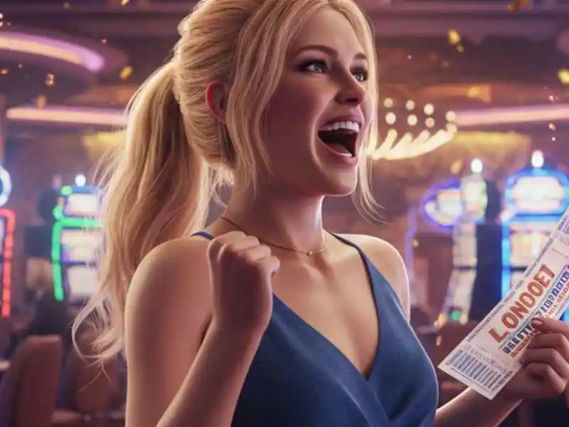 Blonde woman celebrating with a winning ticket in a vibrant casino