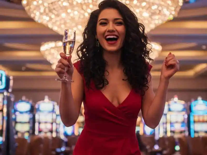 Woman in a red dress cheering joyfully in front of slot machines