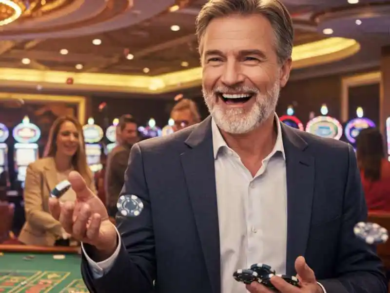 Mature man laughing while playing at a casino table