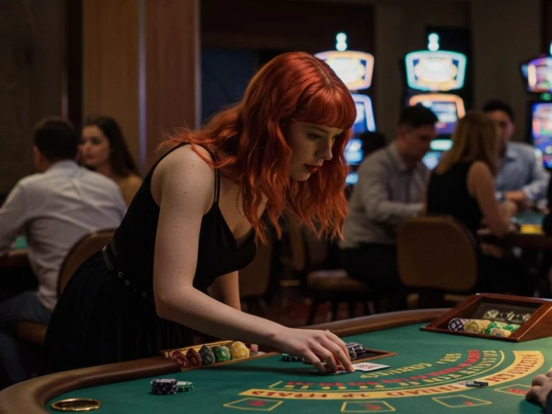 Red-haired woman intensely focused on her hand at the table