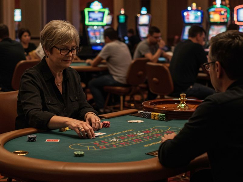 Focused woman playing a card game at a casino table