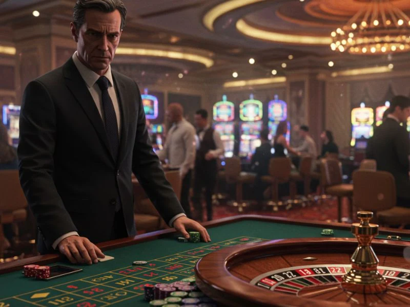 Man in suit standing beside a roulette table at www.extreme gaming88.com login casino