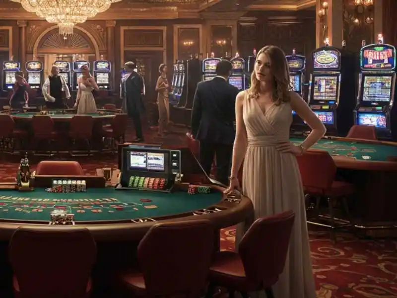 Elegant woman in evening gown standing by a blackjack table at Zeus Ph Online Casino with slot machines in background