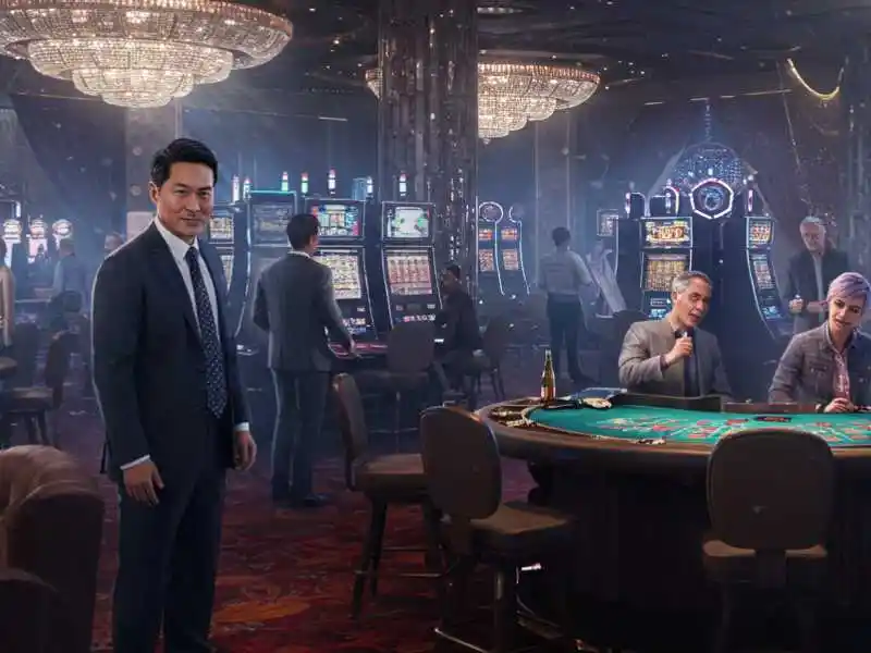 Elegant man in suit standing at Zeus Ph Online Casino with players at table and slot machines in background