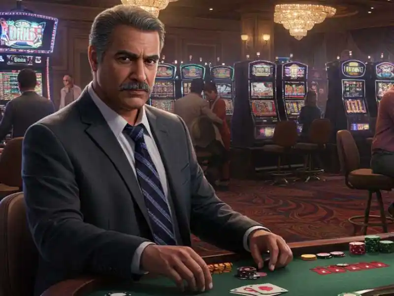 Distinguished man playing poker at Zeus Ph Online Casino with slot machines in the background