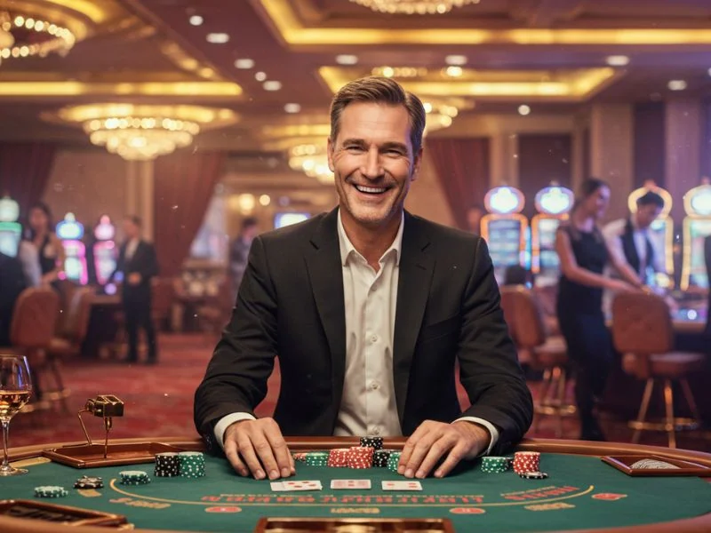 Happy man seated at a poker table celebrating a win, representing the thrill of extreme gaming 88 login.