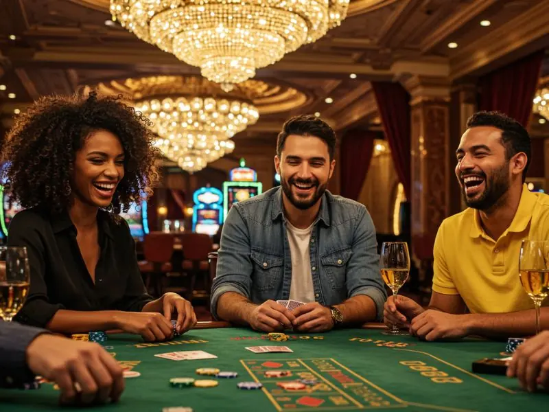 Group of friends laughing and enjoying a poker game indoors, representing the excitement and fun of the Extreme Gaming 88 login experience.