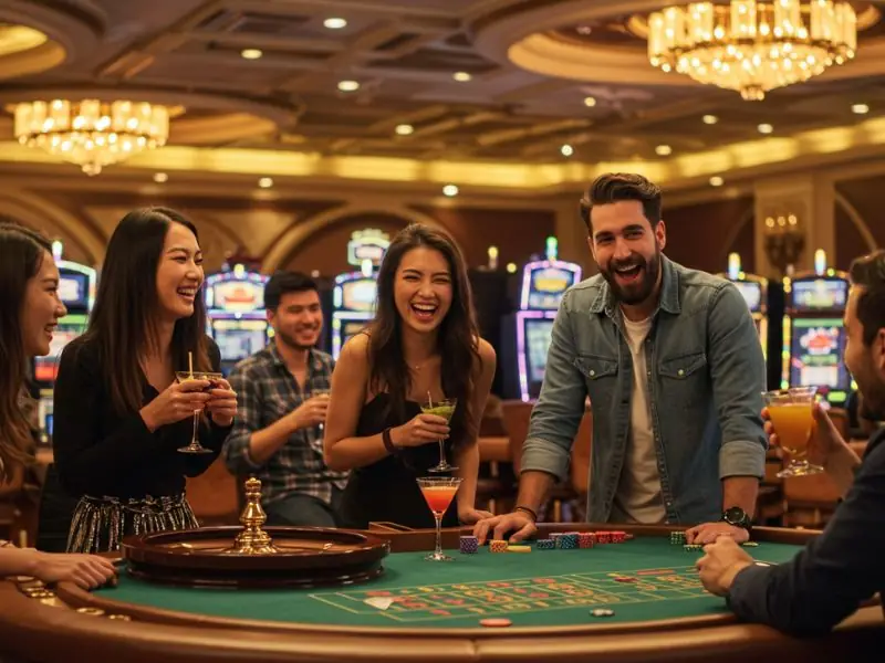 Friends laughing and enjoying drinks while celebrating a win at extremegaming88asia online casino