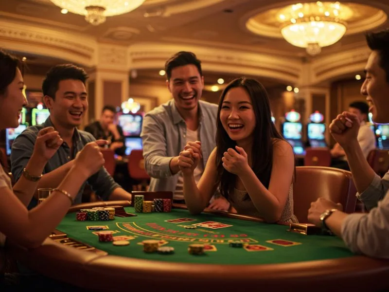 Happy friends playing poker together online via extremegaming88asia platform