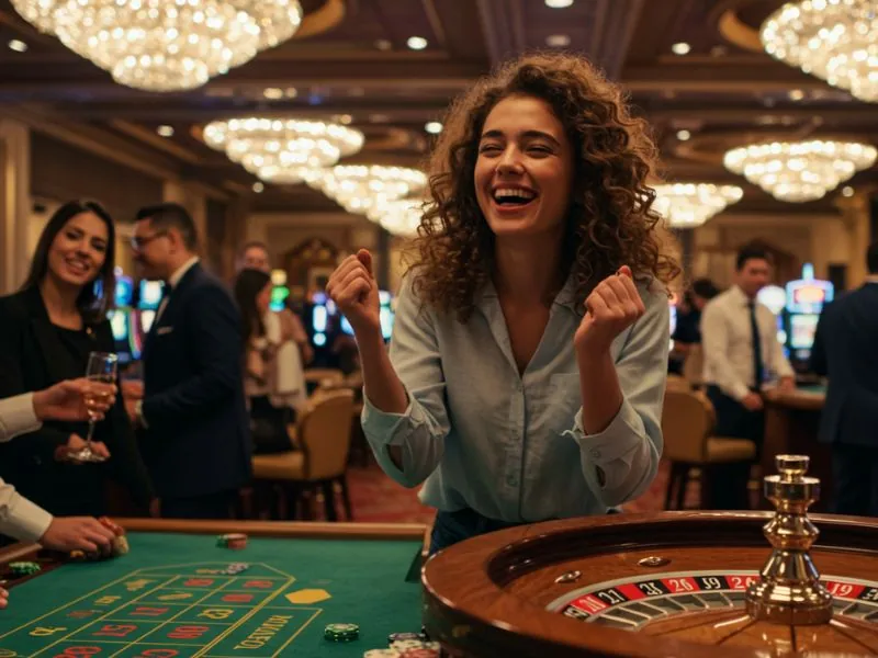 Happy woman cheering while playing roulette at extremegaming88asia online casino