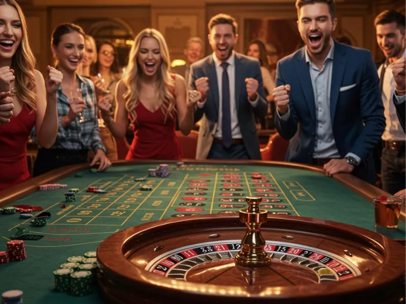 Funph friends cheering happily while enjoying online casino games together.