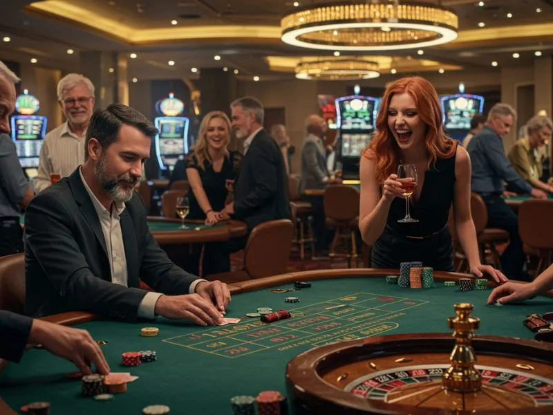 Funph girl laughing while cheering during online casino play.