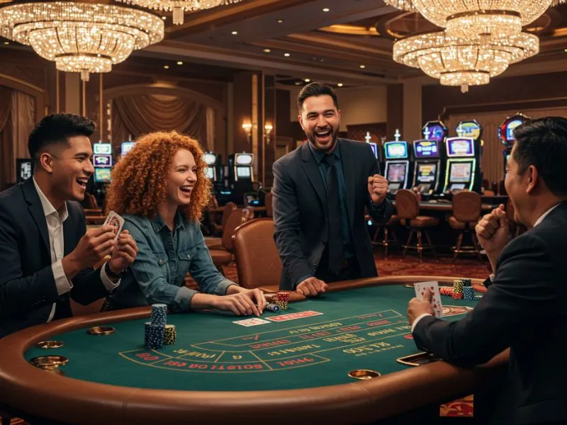 Funph player celebrating big win in an online casino game.

