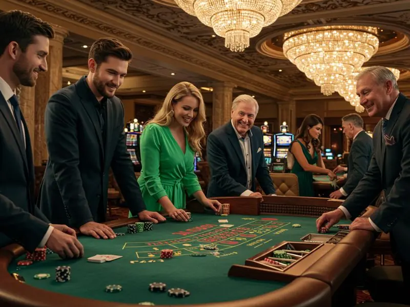 A happy business group enjoying teamwork and fun while playing Lodi291 Online Casino Games.